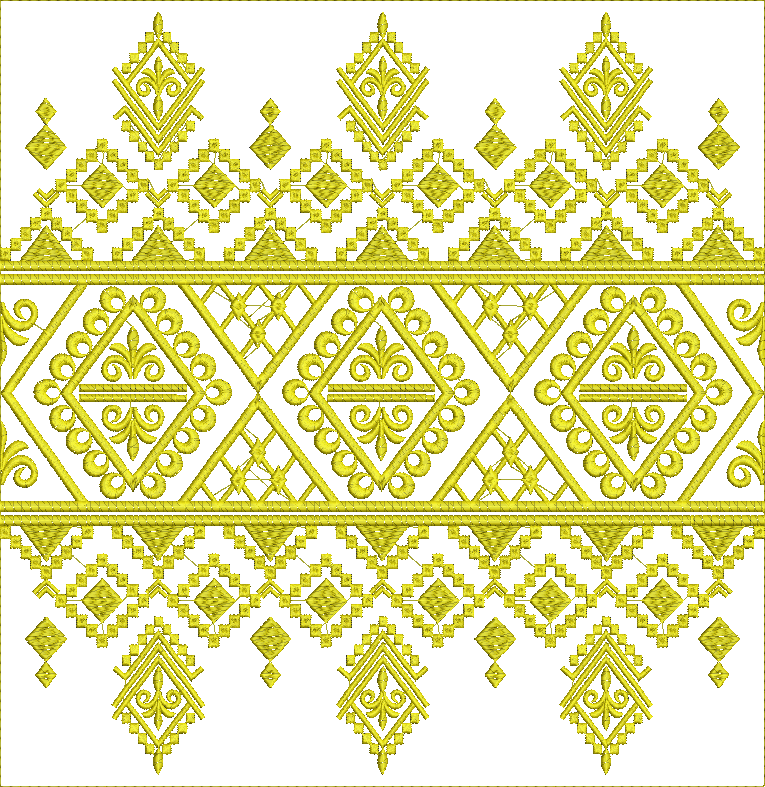 Embroidery design: A yellow embroidery design featuring a repeating horizontal border with geometric and floral elements in a traditional, 