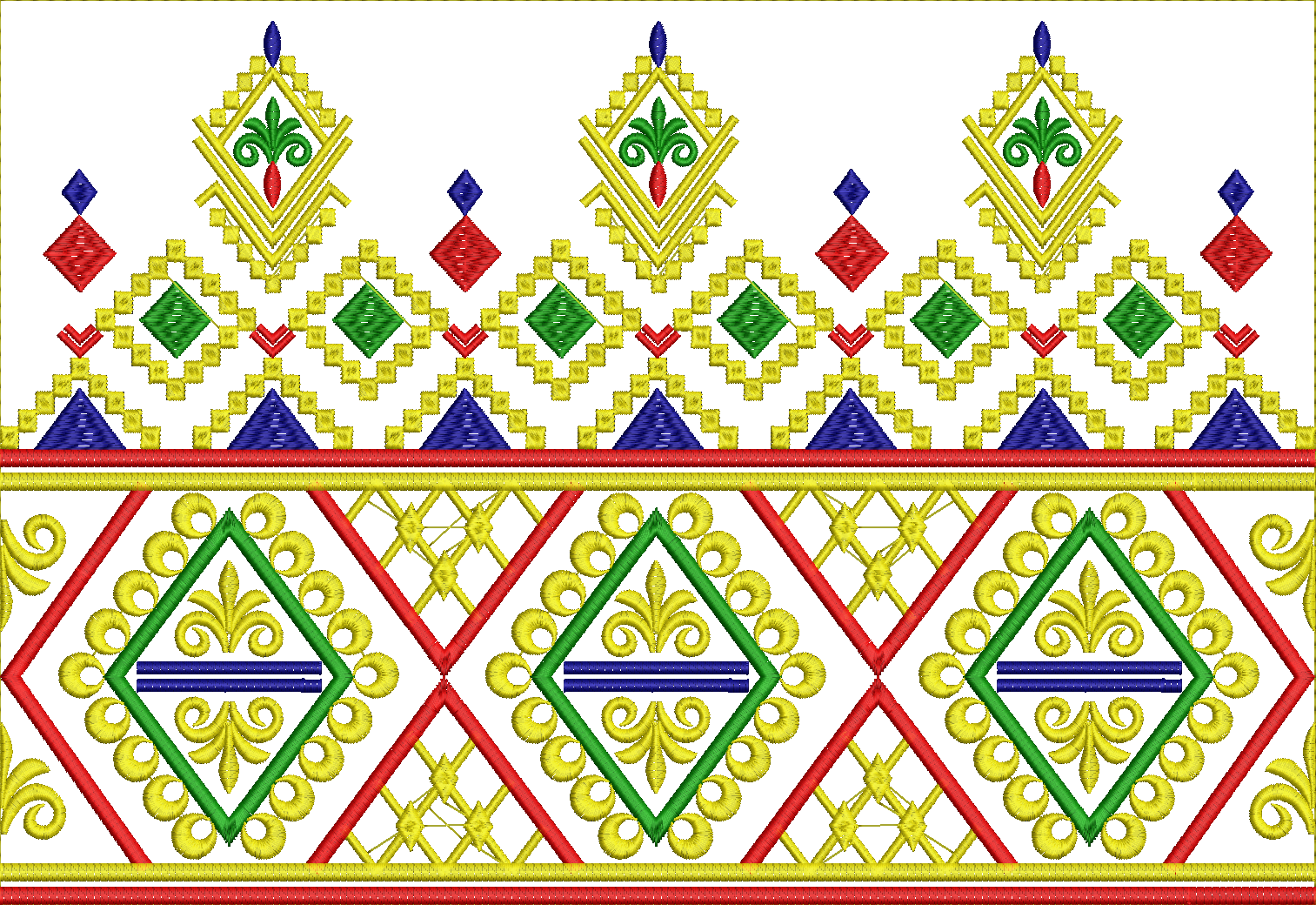 Embroidery design: A decorative embroidery border design with repeating geometric and floral motifs in red, yellow, green, and blue.