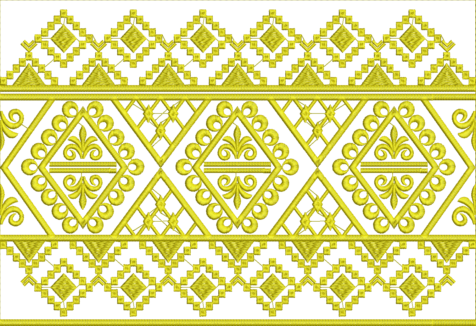 Embroidery design: A symmetrical, repeating horizontal border embroidery design in yellow, featuring geometric patterns, diamond shapes, an