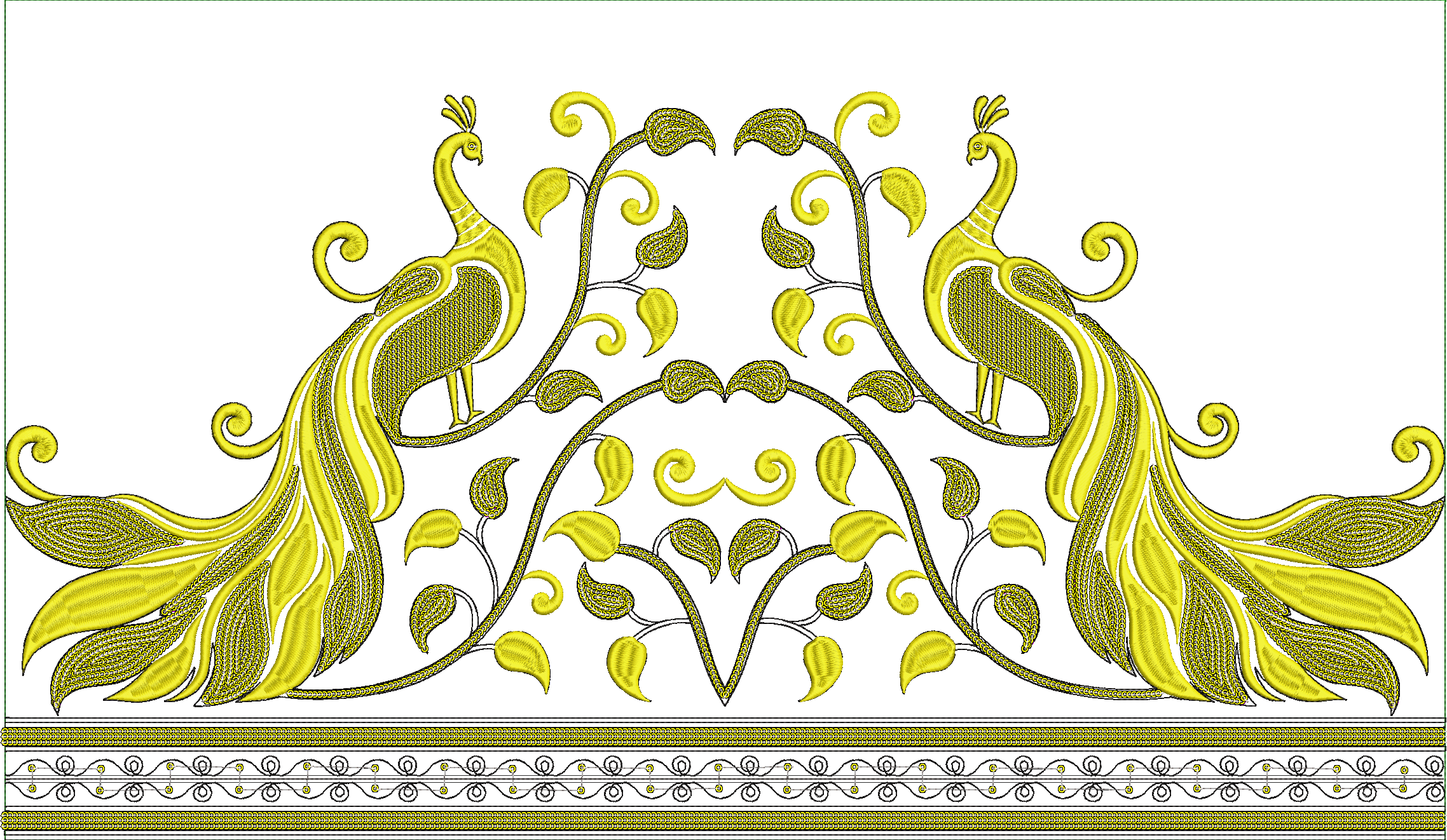 Embroidery design: A symmetrical embroidery design featuring two yellow peacocks connected by a decorative vine with leaves, and a patterne