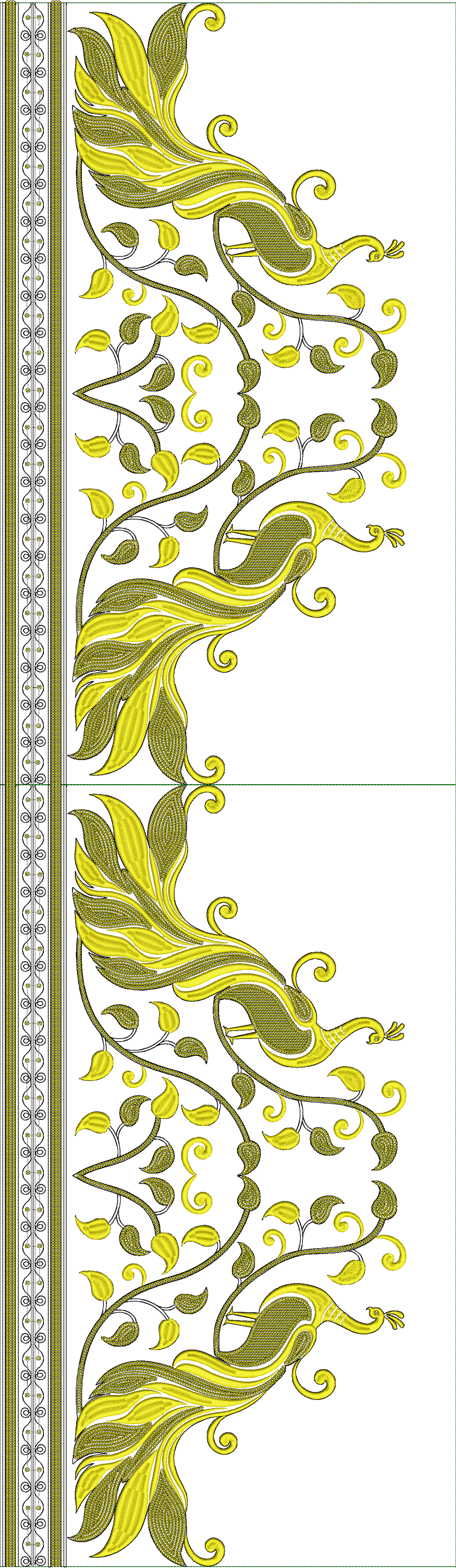 Embroidery design: Two mirrored decorative panels featuring yellow embroidered stylized birds with intricate vine and leaf patterns, border