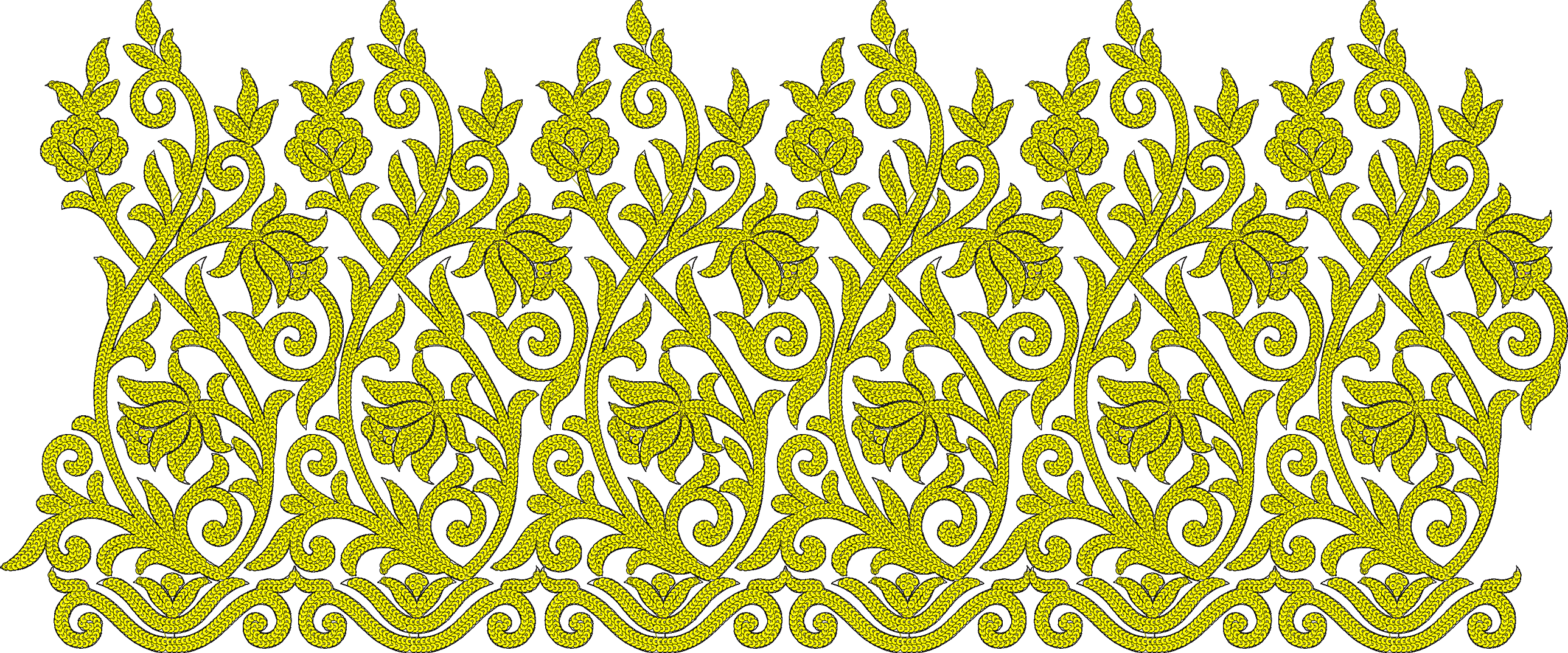 Embroidery design: A yellow horizontal border embroidery design featuring repeating floral and vine motifs with black outlines, presented i