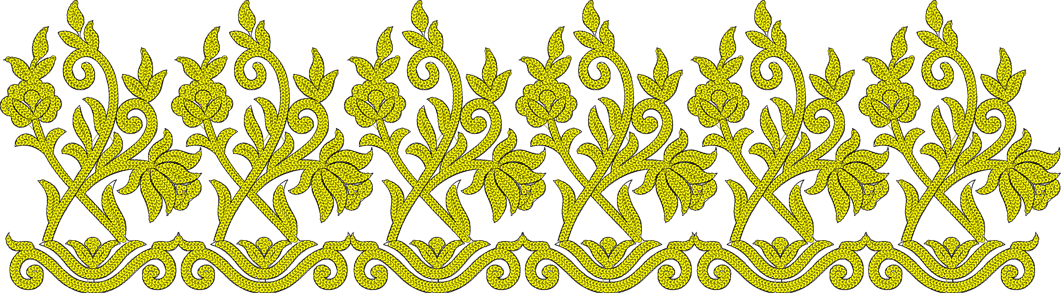 Embroidery design: A repeating, symmetrical yellow border embroidery design featuring scrolling vines, leaves, and floral motifs with a den