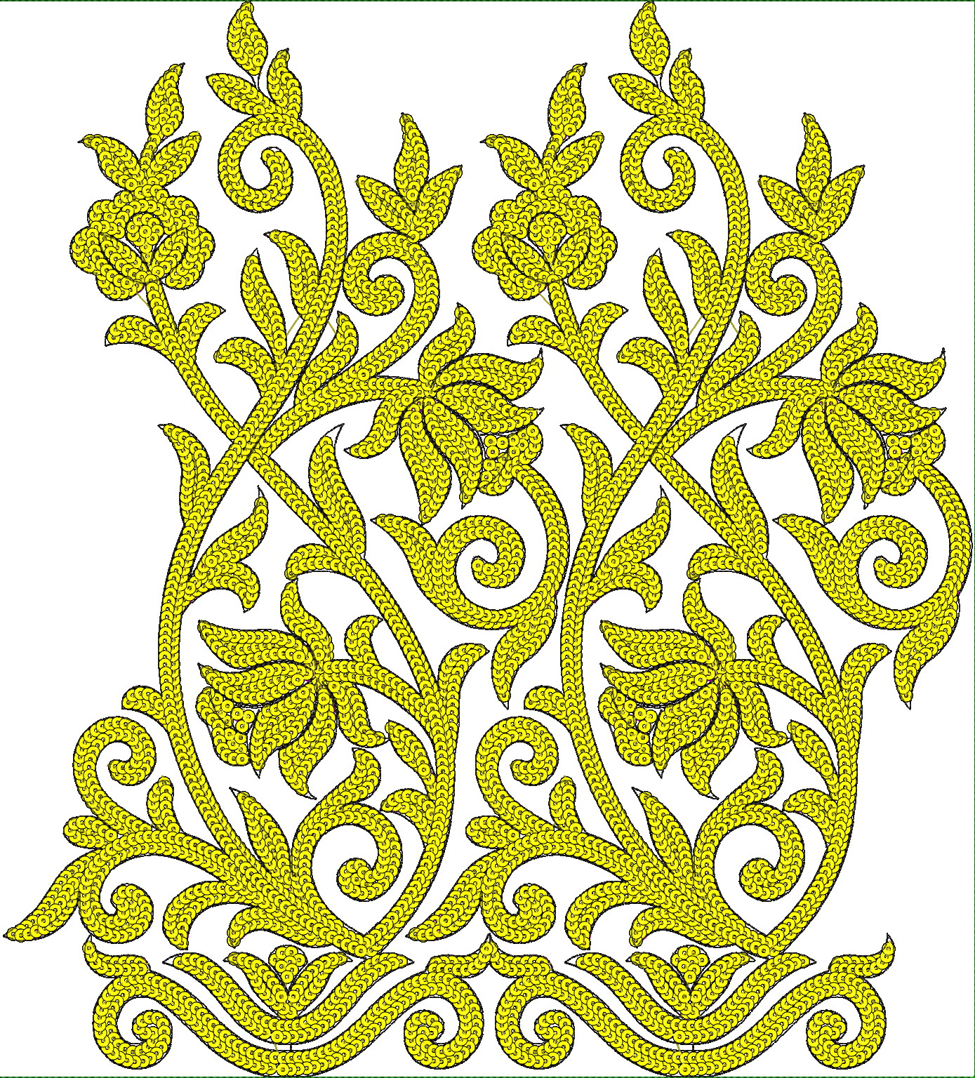 Embroidery design: A decorative yellow embroidery design featuring a repeating symmetrical floral and vine motif with a border, suitable fo