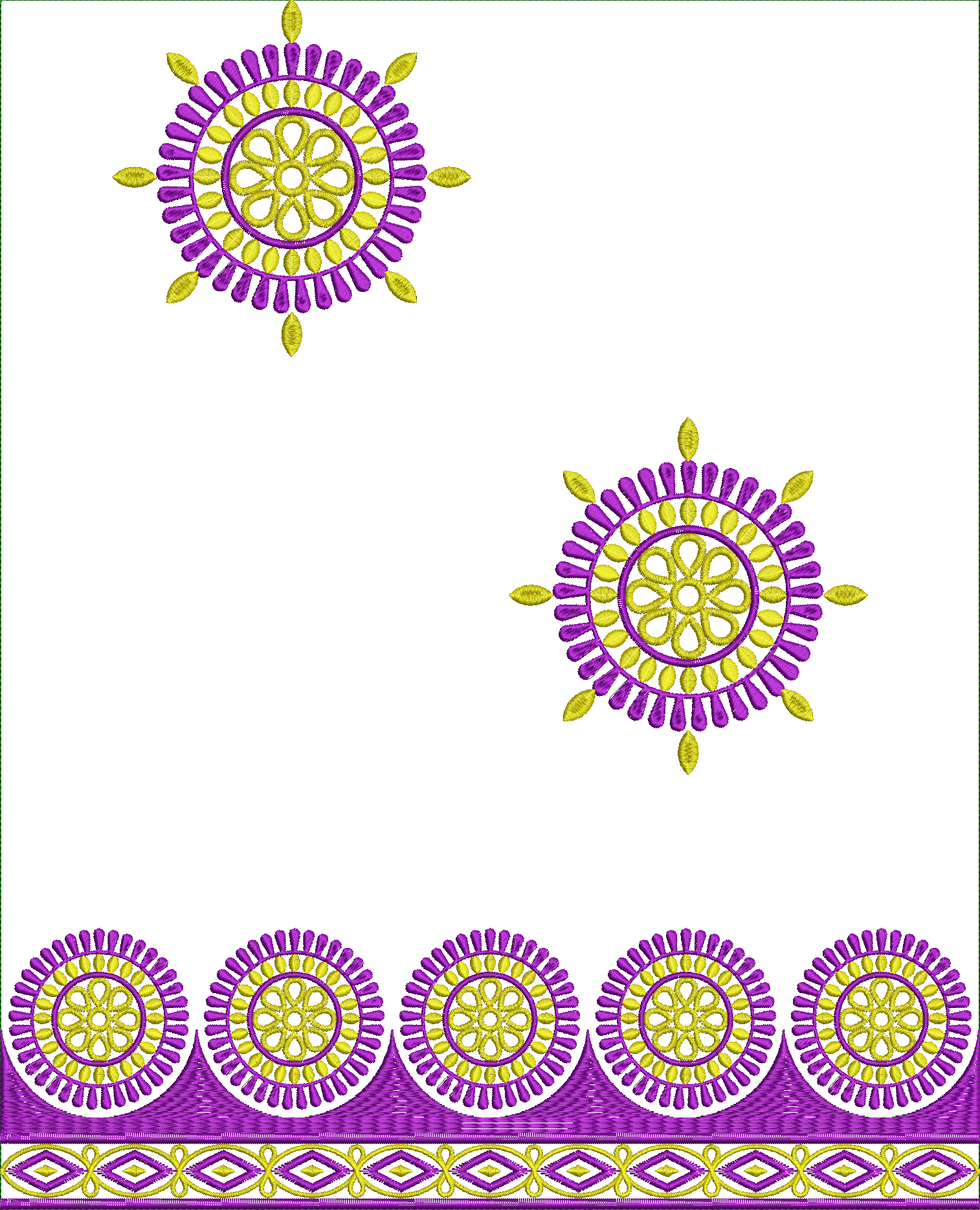 Embroidery design: An embroidery design featuring repeating purple and yellow circular medallions and a decorative diamond border.