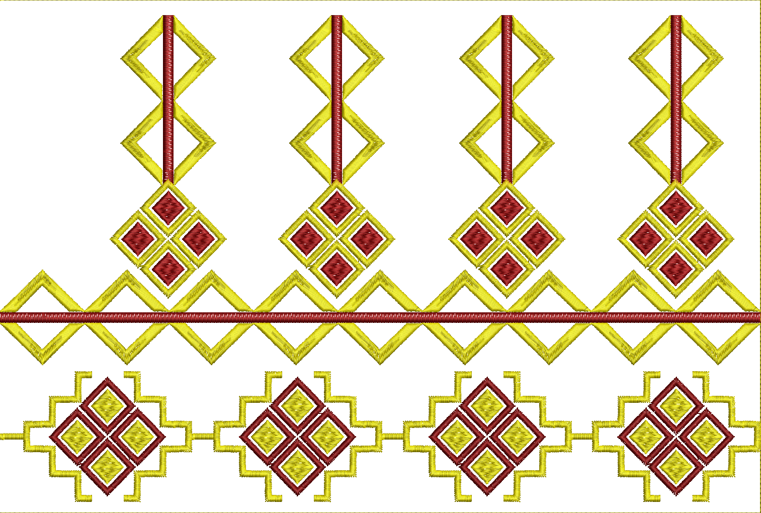 Embroidery design: A decorative embroidery border design with repeating geometric patterns of red and yellow diamonds and zigzags, in a tra