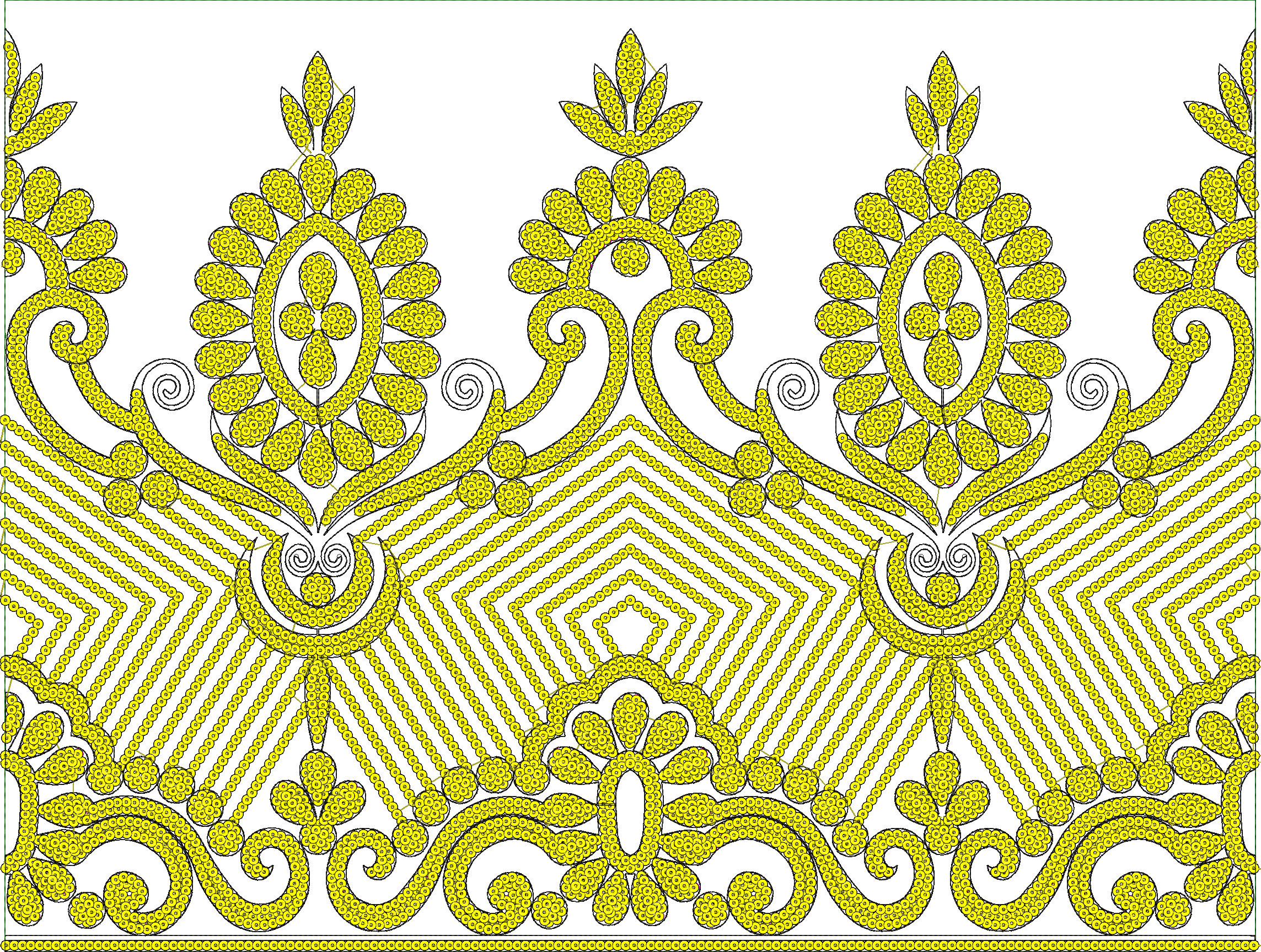 Embroidery design: A decorative yellow border with symmetrical floral and geometric motifs, rendered in a dense fill of circular patterns.