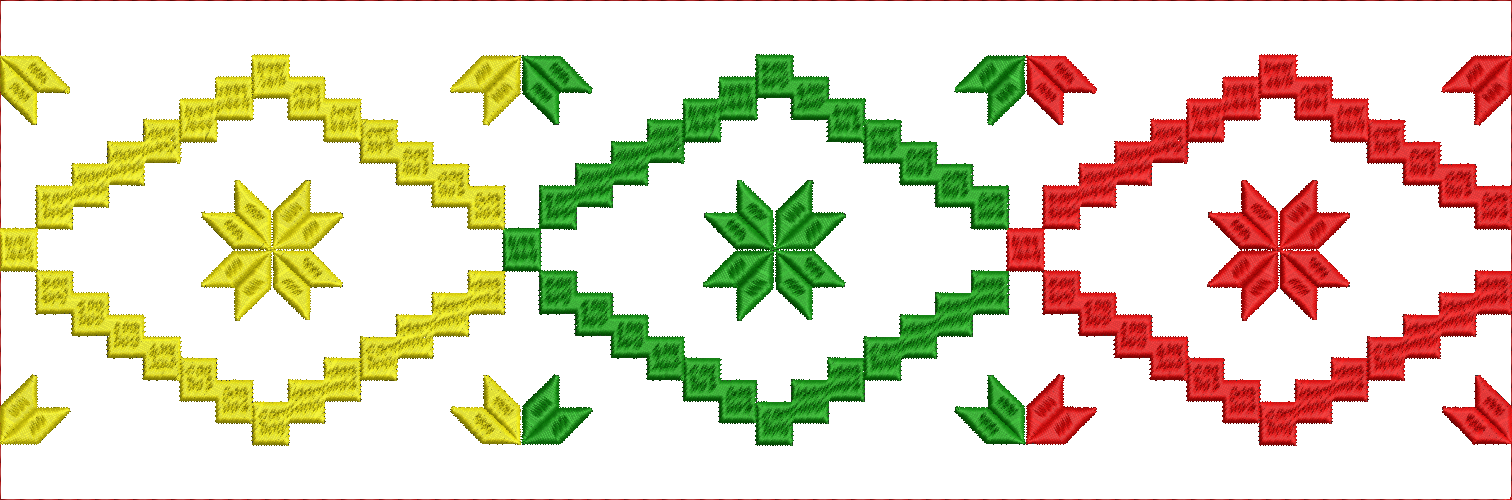 Embroidery design: A repeating geometric border embroidery design with traditional ethnic motifs in yellow, green, and red, featuring diamo