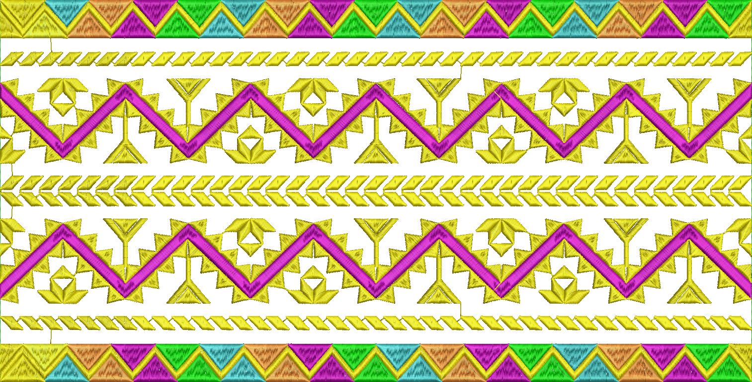 Embroidery design: A repeating horizontal embroidery border with geometric patterns in yellow, purple, green, cyan, brown, and orange.