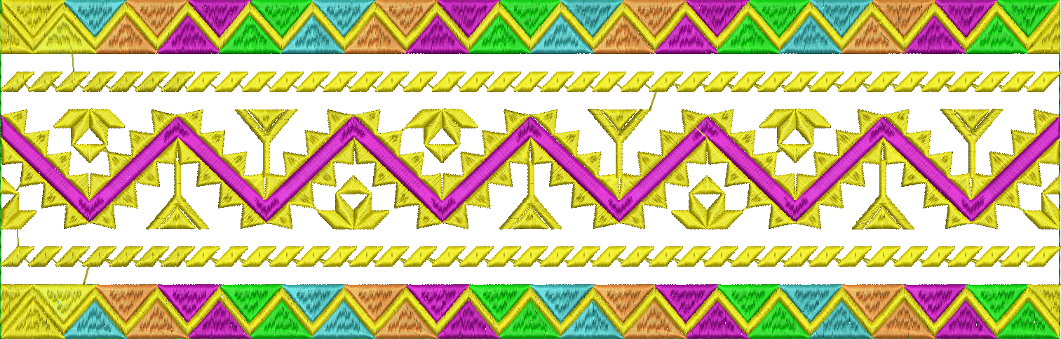 Embroidery design: A colorful geometric embroidery border with repeating chevron and diamond patterns in yellow, magenta, green, teal, and 