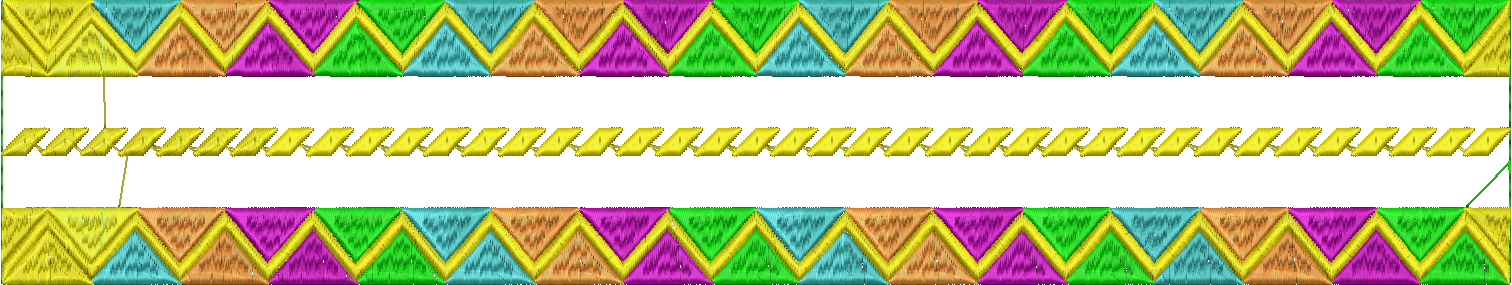 Embroidery design: A decorative border with a repeating geometric pattern of colorful chevrons and a central yellow chain-like motif.