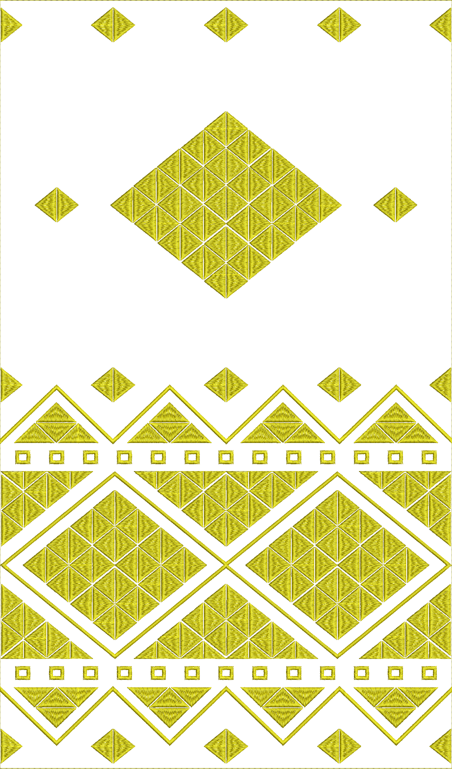 Embroidery design: A decorative embroidery design featuring a repeating geometric pattern of diamonds and triangles in gold, with a symmetr