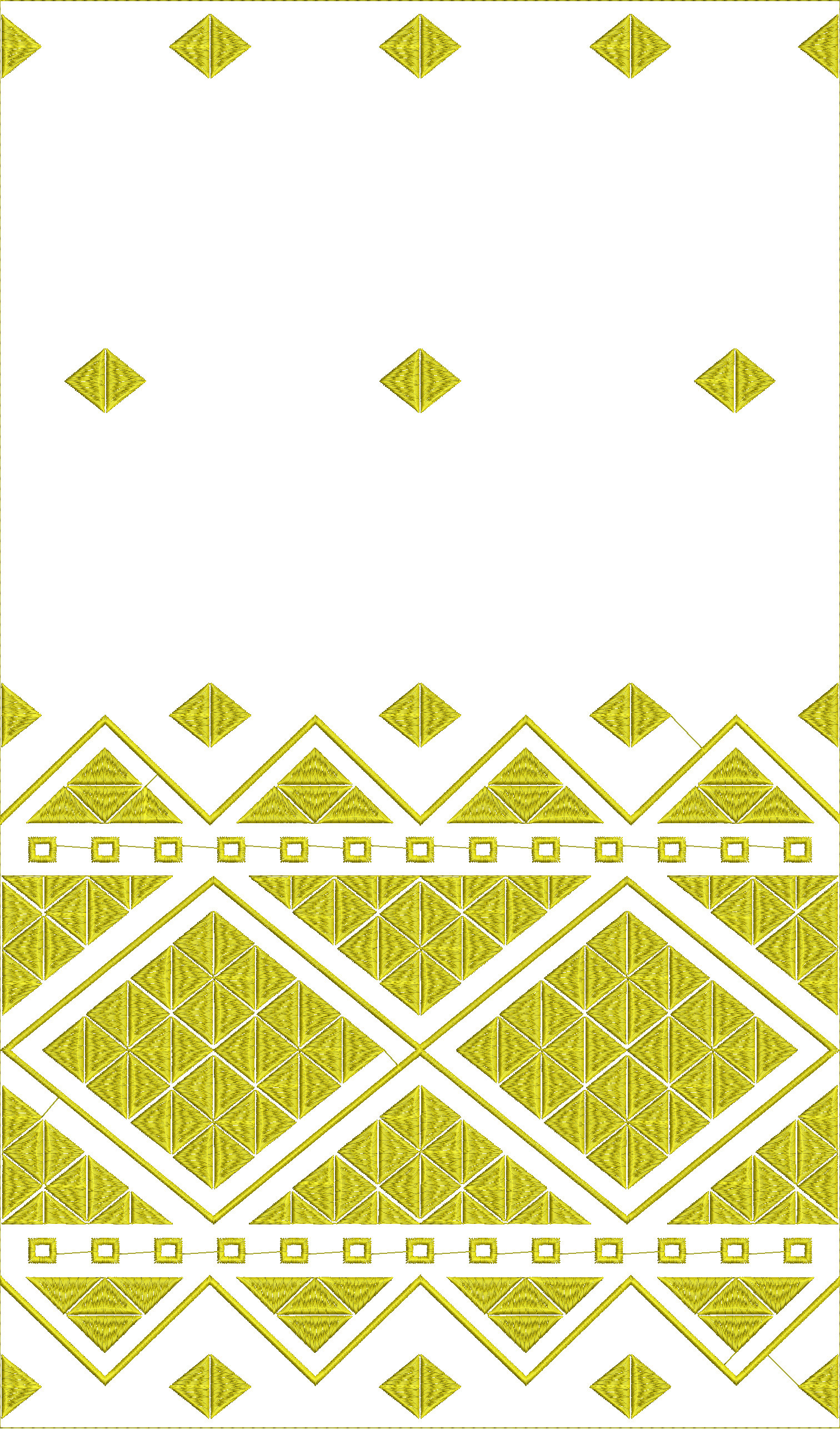 Embroidery design: A golden embroidery design featuring a repeating geometric pattern of diamonds and triangles, suitable as a border or tr
