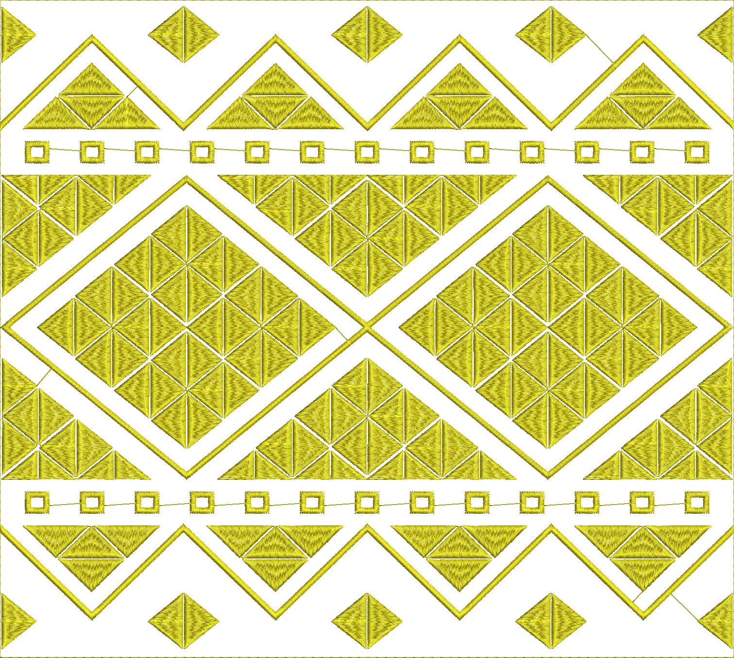 Embroidery design: A symmetrical and repeating all-over geometric embroidery design featuring dense fill yellow triangles and outlines form