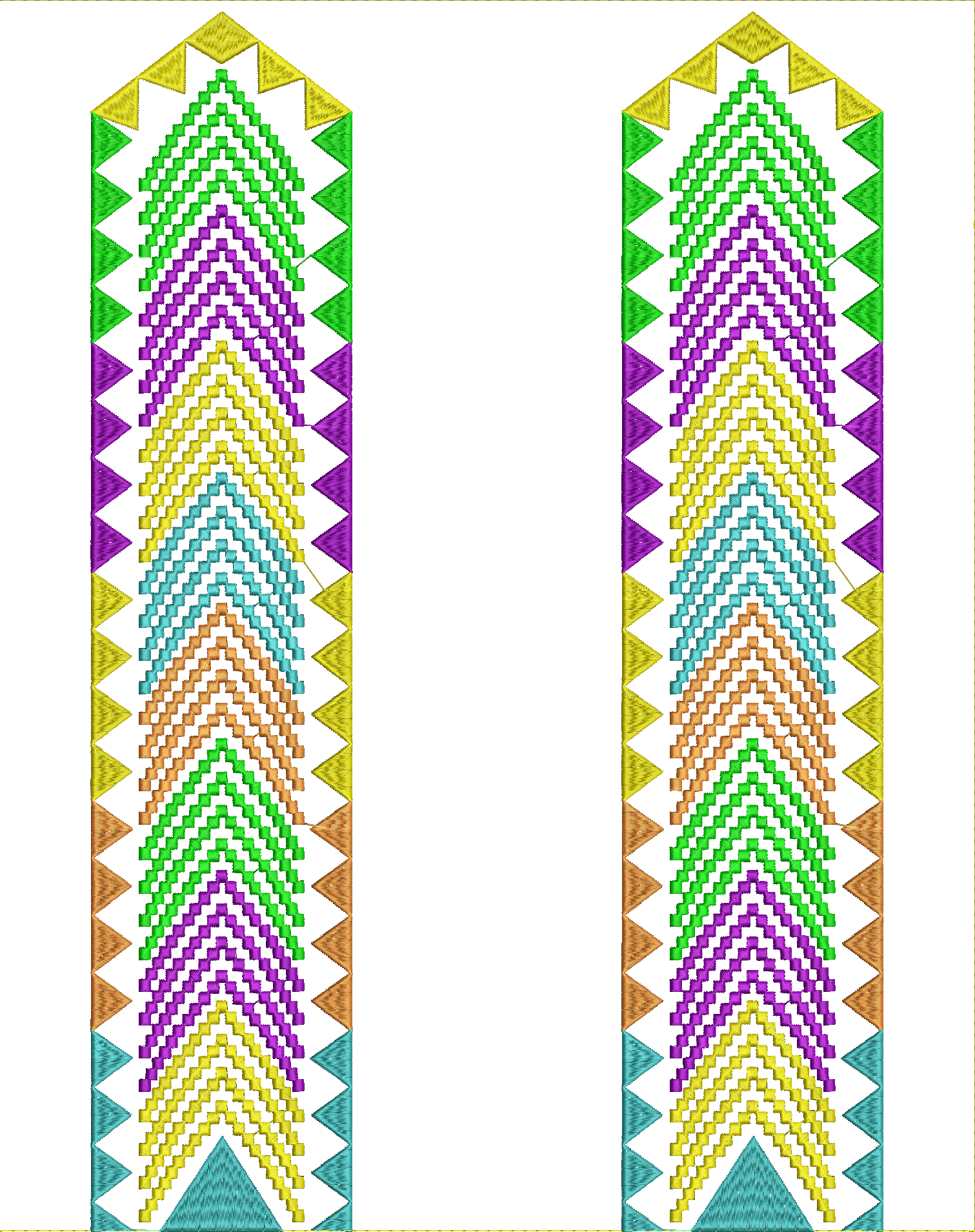 Embroidery design: A decorative, symmetrical embroidery design featuring repeating chevron patterns in yellow, green, purple, cyan, orange,