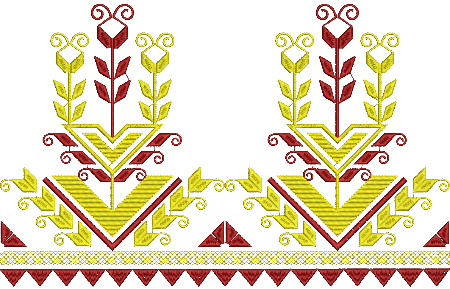 Embroidery design: A symmetrical embroidery border design with geometric and floral elements in red and yellow, featuring stylized leaves a