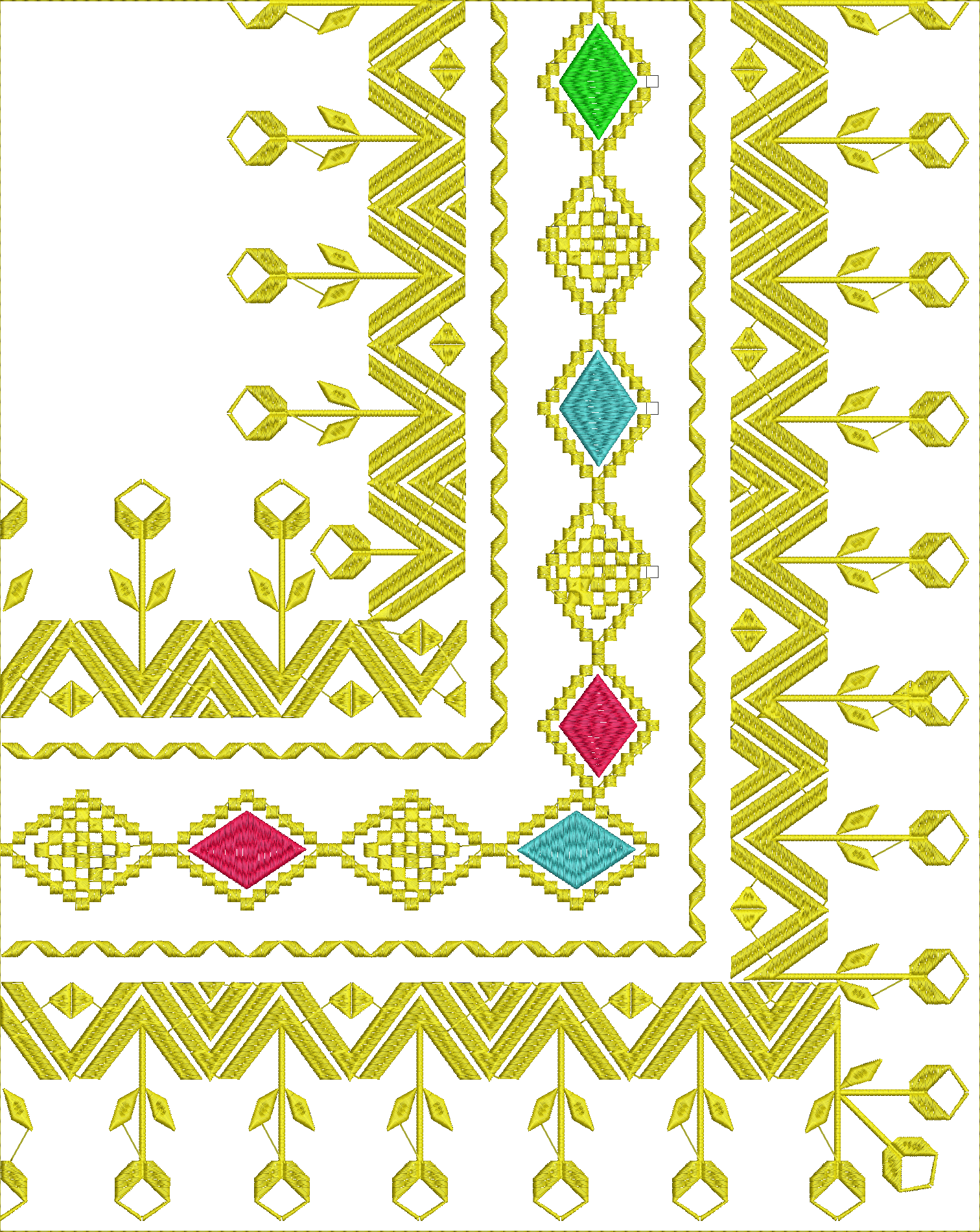 Embroidery design: An ornamental embroidery design featuring repeating geometric patterns, including chevrons and diamonds, with stylized f