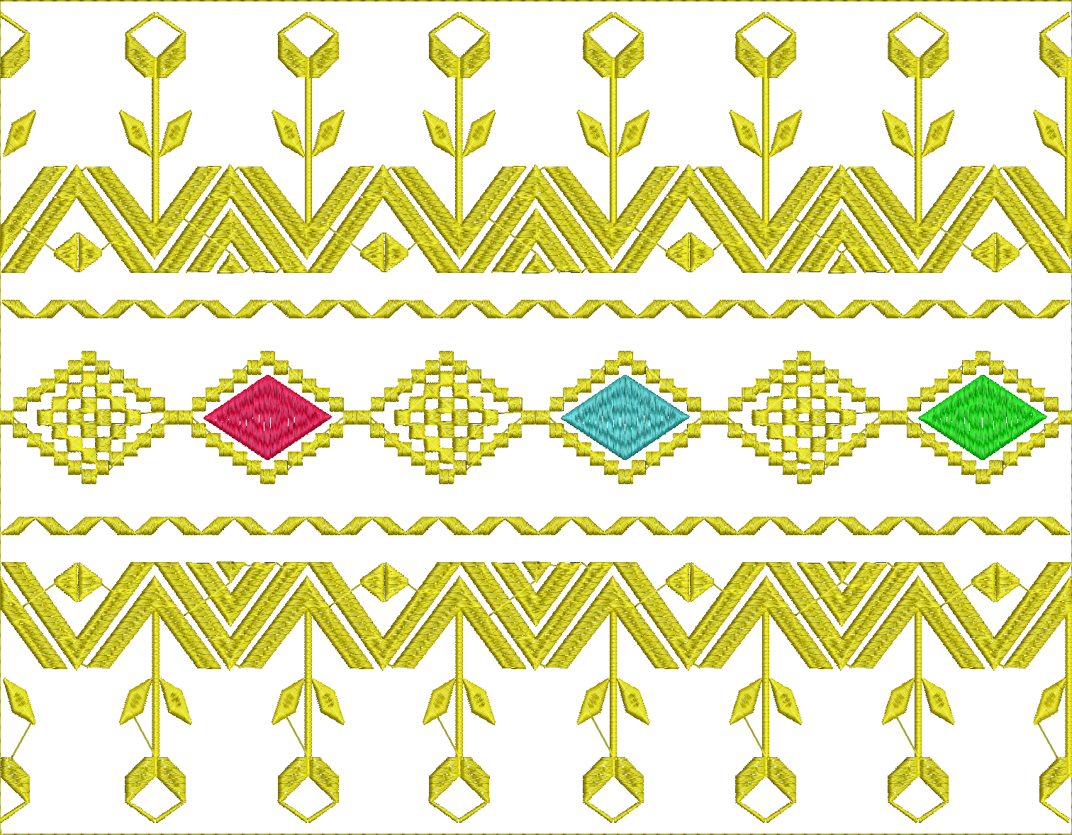 Embroidery design: A decorative border embroidery design with repeating geometric and floral elements. The design features yellow chevron p
