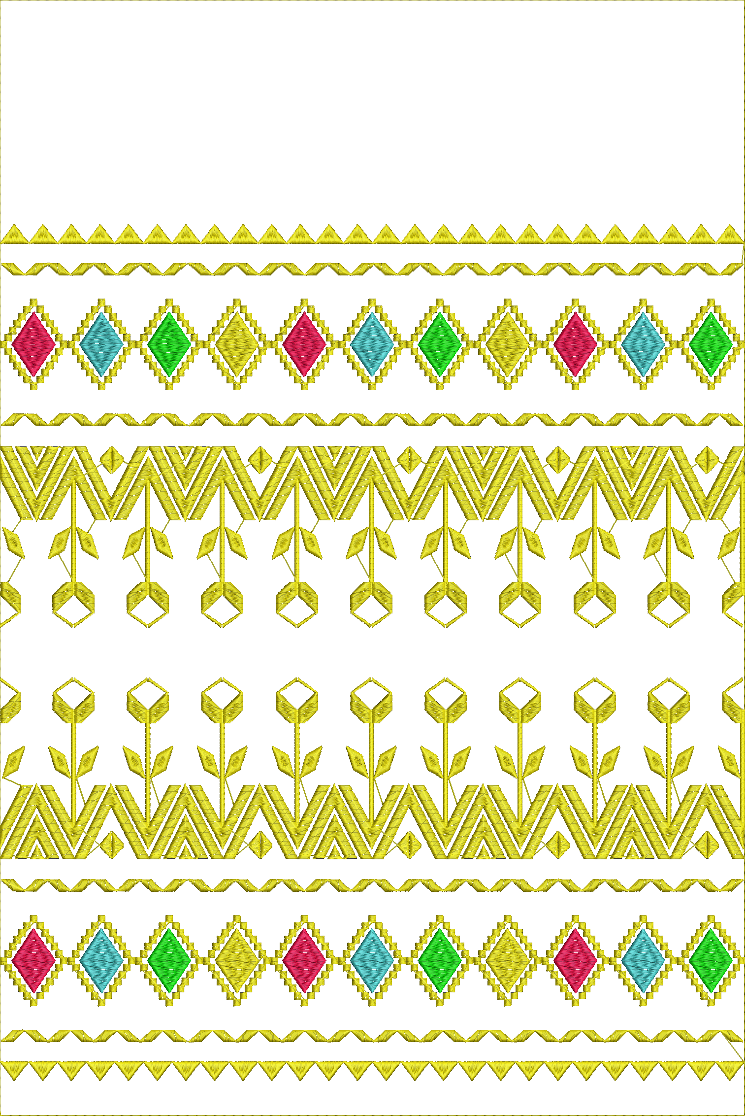 Embroidery design: A decorative embroidery border with repeating geometric and floral motifs in yellow, pink, turquoise, and green. The des