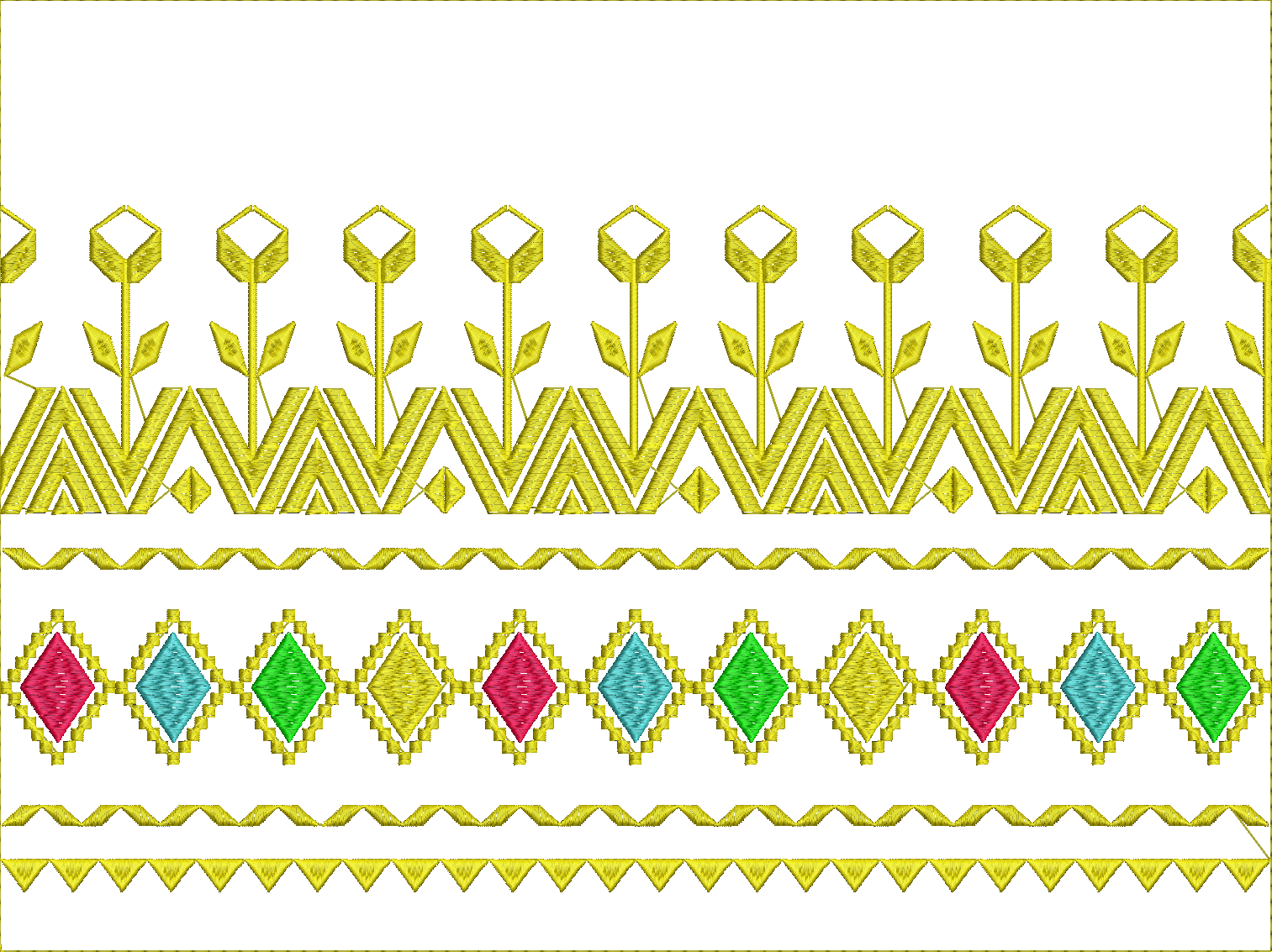 Embroidery design: An embroidery design featuring three horizontal borders. The top border has yellow stylized flowers and geometric patter