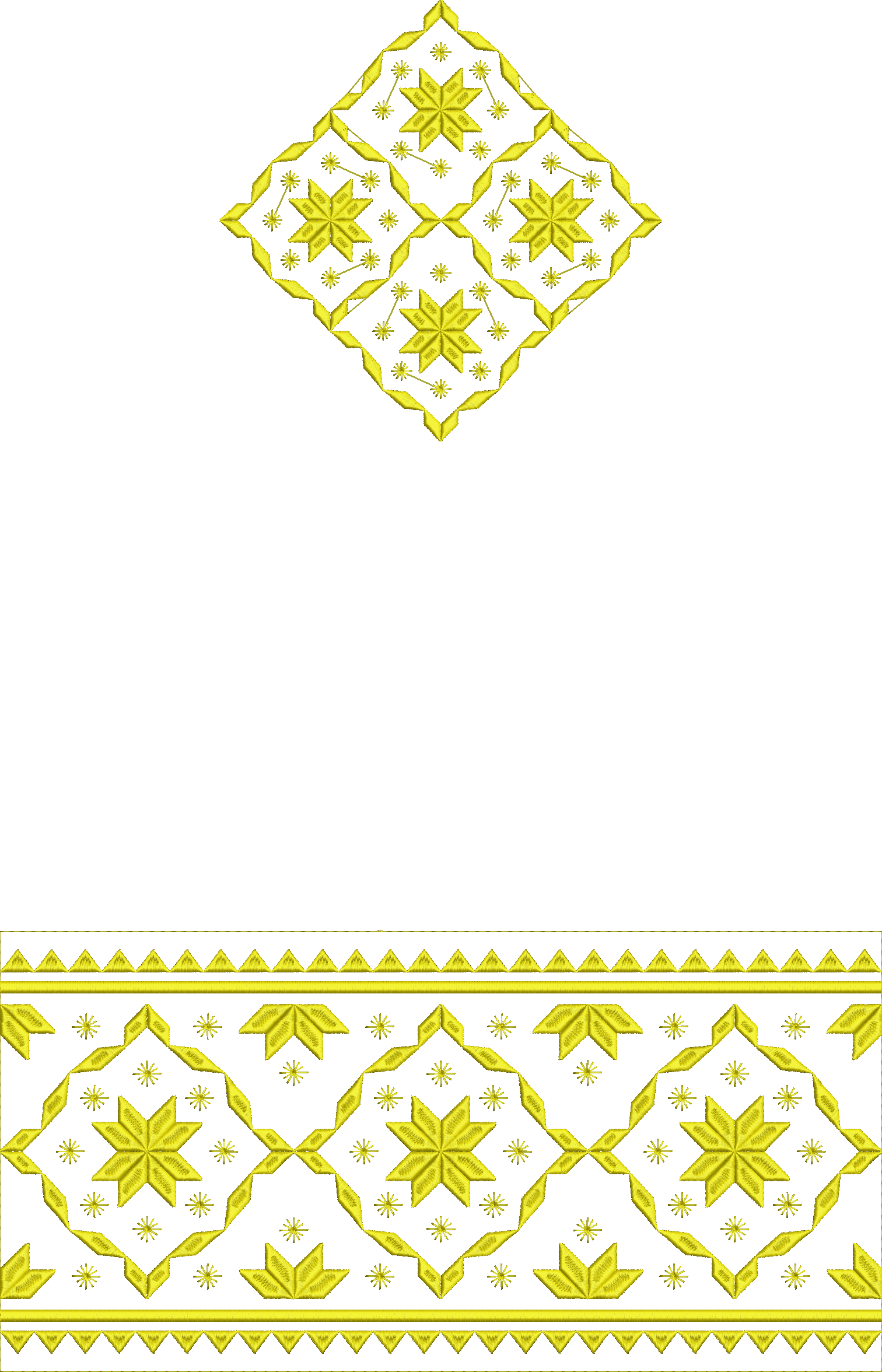 Embroidery design: An embroidery design featuring a repeating yellow geometric and ornamental pattern with diamond motifs, suitable for a b