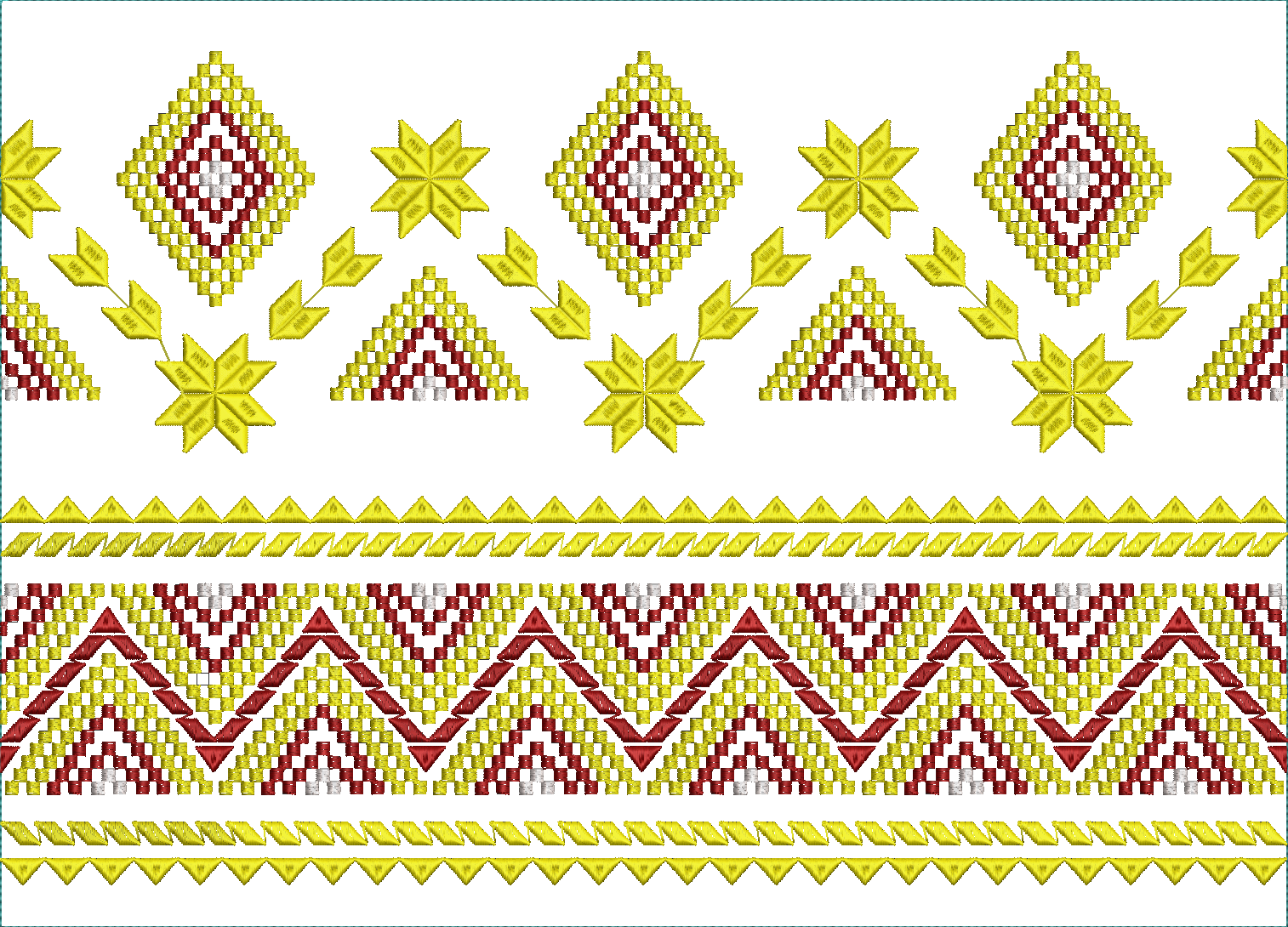 Embroidery design: A repeating horizontal embroidery border with geometric patterns in yellow, red, and white, featuring diamonds, triangle