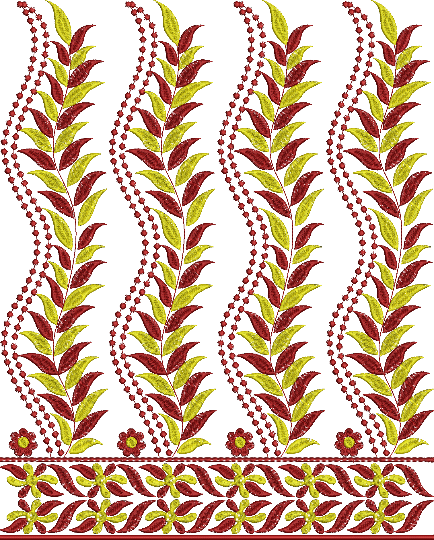 Embroidery design: A repeating border embroidery design featuring vertical arrangements of burgundy and golden-yellow leaves and a bottom b