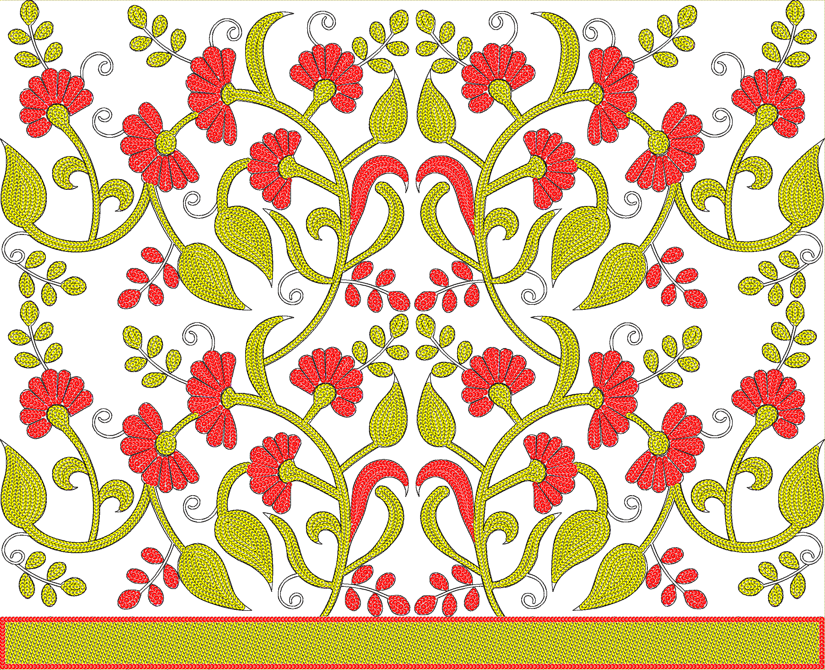 Embroidery design: A symmetrical, repeating floral embroidery design with red flowers and yellow leaves and vines, featuring a decorative b