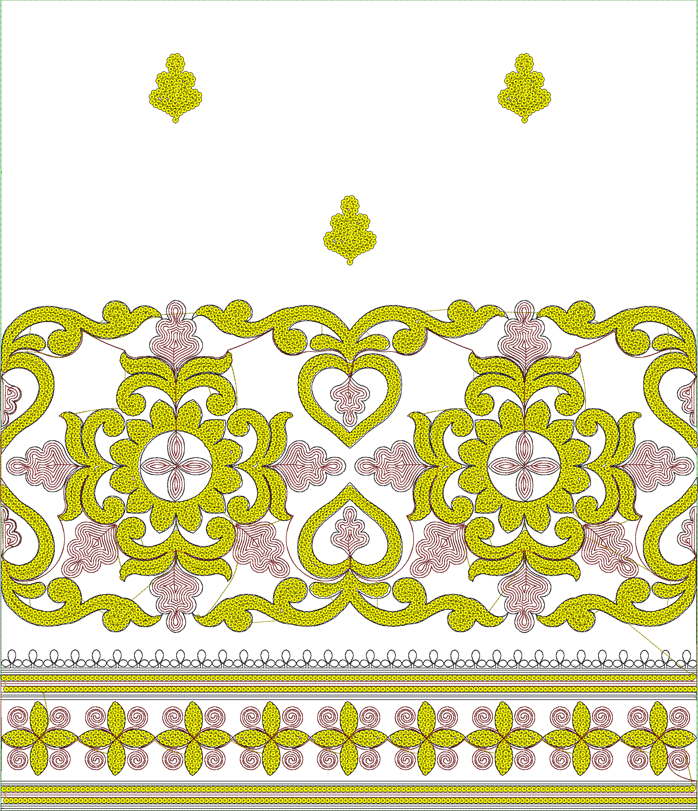 Embroidery design: A decorative embroidery design featuring a yellow and reddish-brown border with repeating floral and scrollwork motifs, 