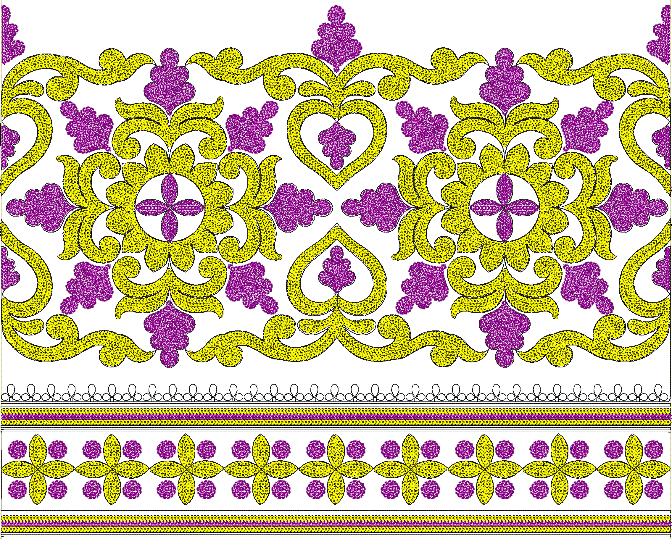 Embroidery design: A decorative, symmetrical embroidery design in a border style featuring repeating yellow and purple floral and scrollwor