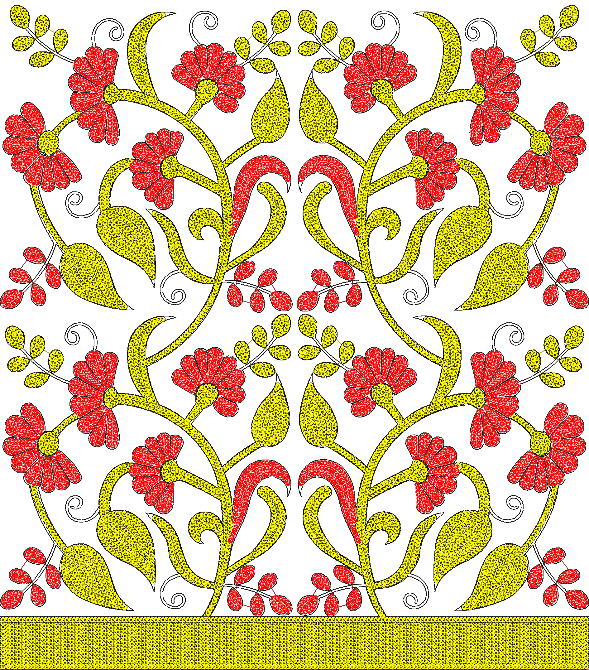 Embroidery design: A symmetrical, ornamental floral embroidery design in red and yellow, featuring repeating motifs of flowers, vines, and 