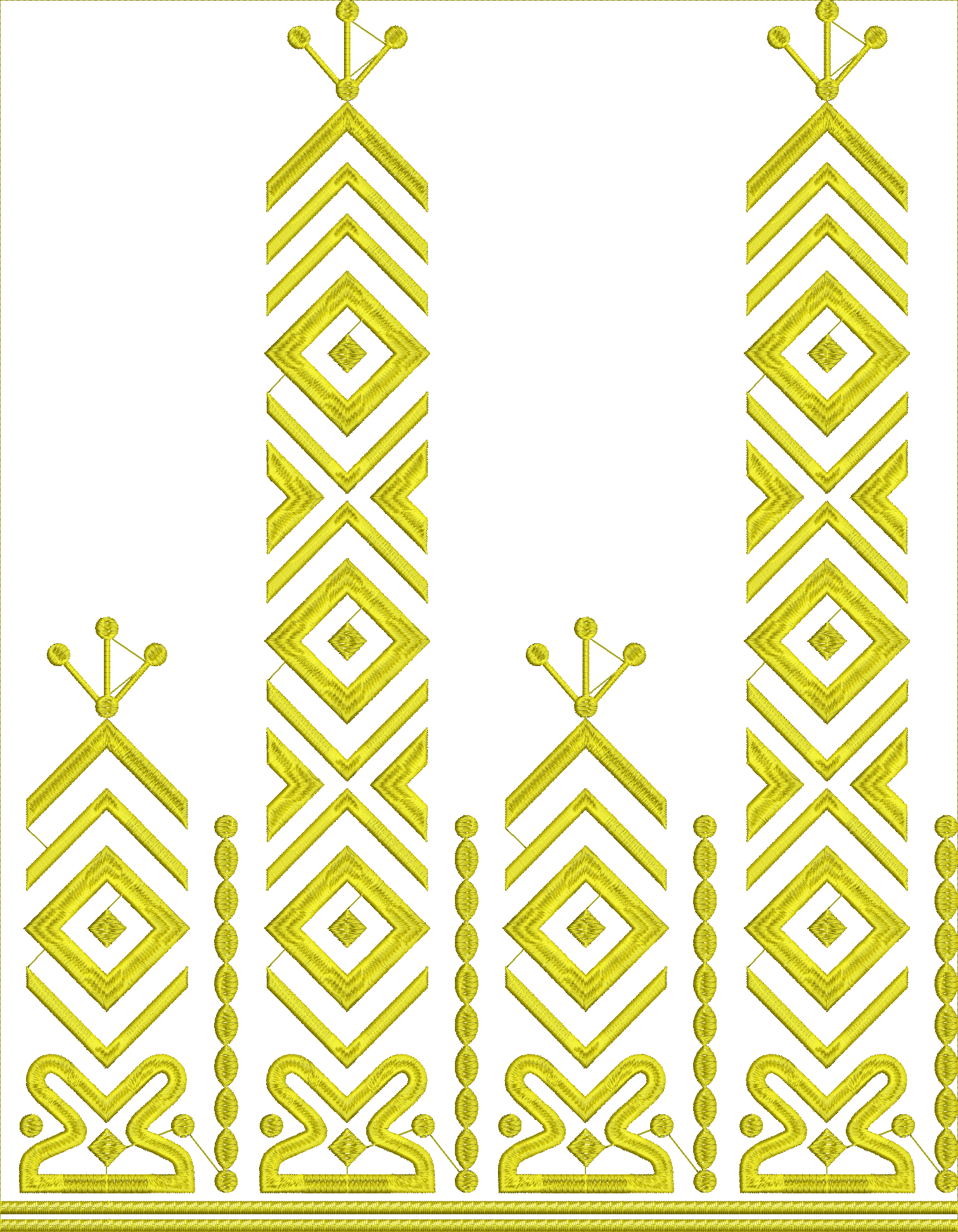 Embroidery design: A yellow embroidery design featuring a symmetrical, repeating geometric pattern with diamonds and chevrons, suitable for