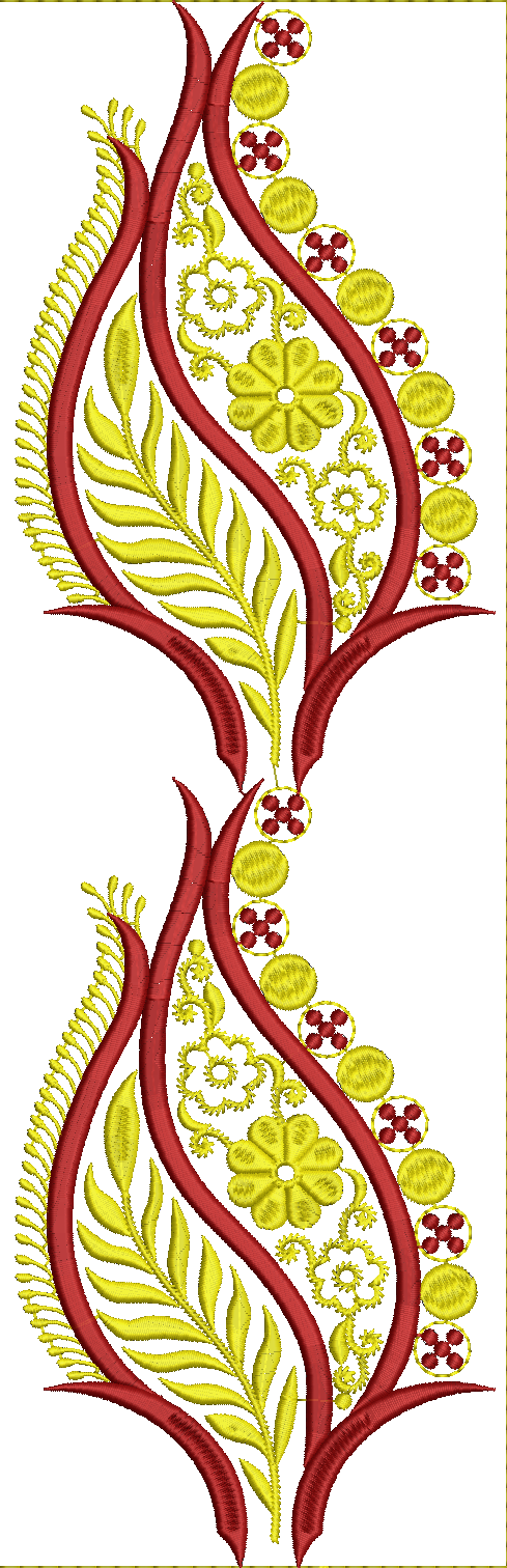 Embroidery design: A vertical embroidery design with symmetrical arrangement of red and yellow ornamental elements. It features red flame-l
