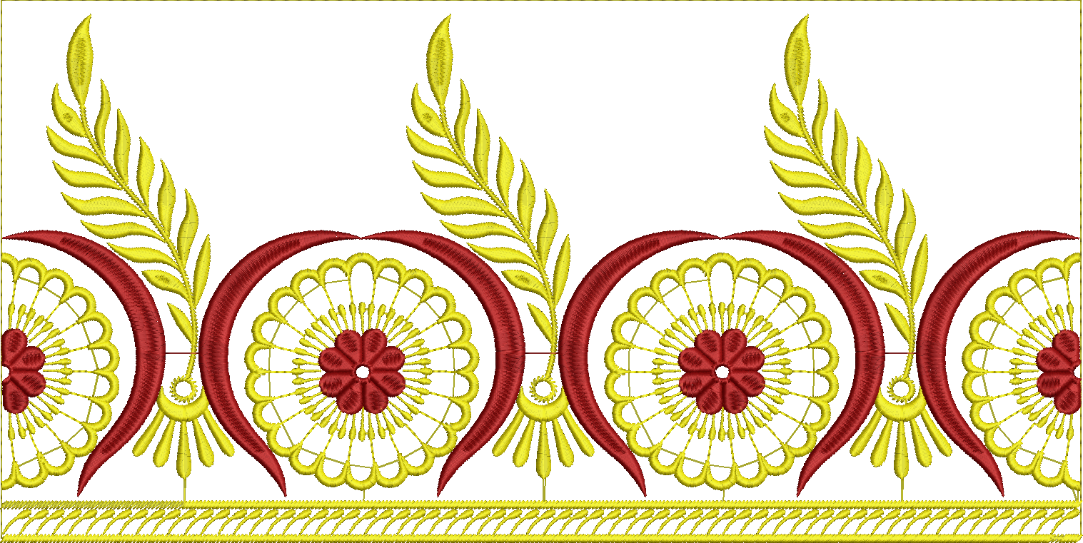 Embroidery design: A decorative embroidery border with repeating symmetrical elements in red and yellow, featuring floral, geometric, leaf,