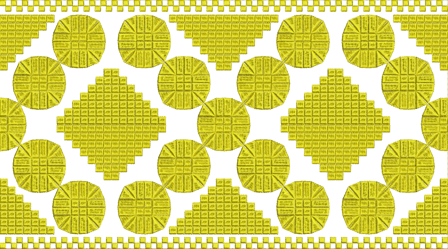 Embroidery design: A repeating geometric embroidery pattern in golden yellow, featuring circles, diamonds, and triangles, with a decorative