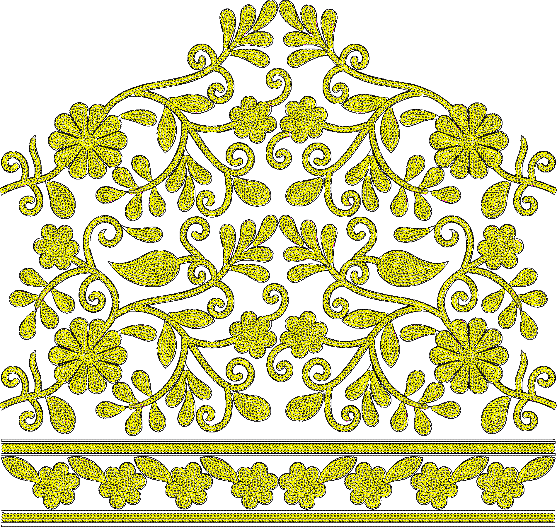 Embroidery design: A decorative yellow embroidery design featuring a symmetrical arrangement of scrolling vines with leaves and flowers, fo