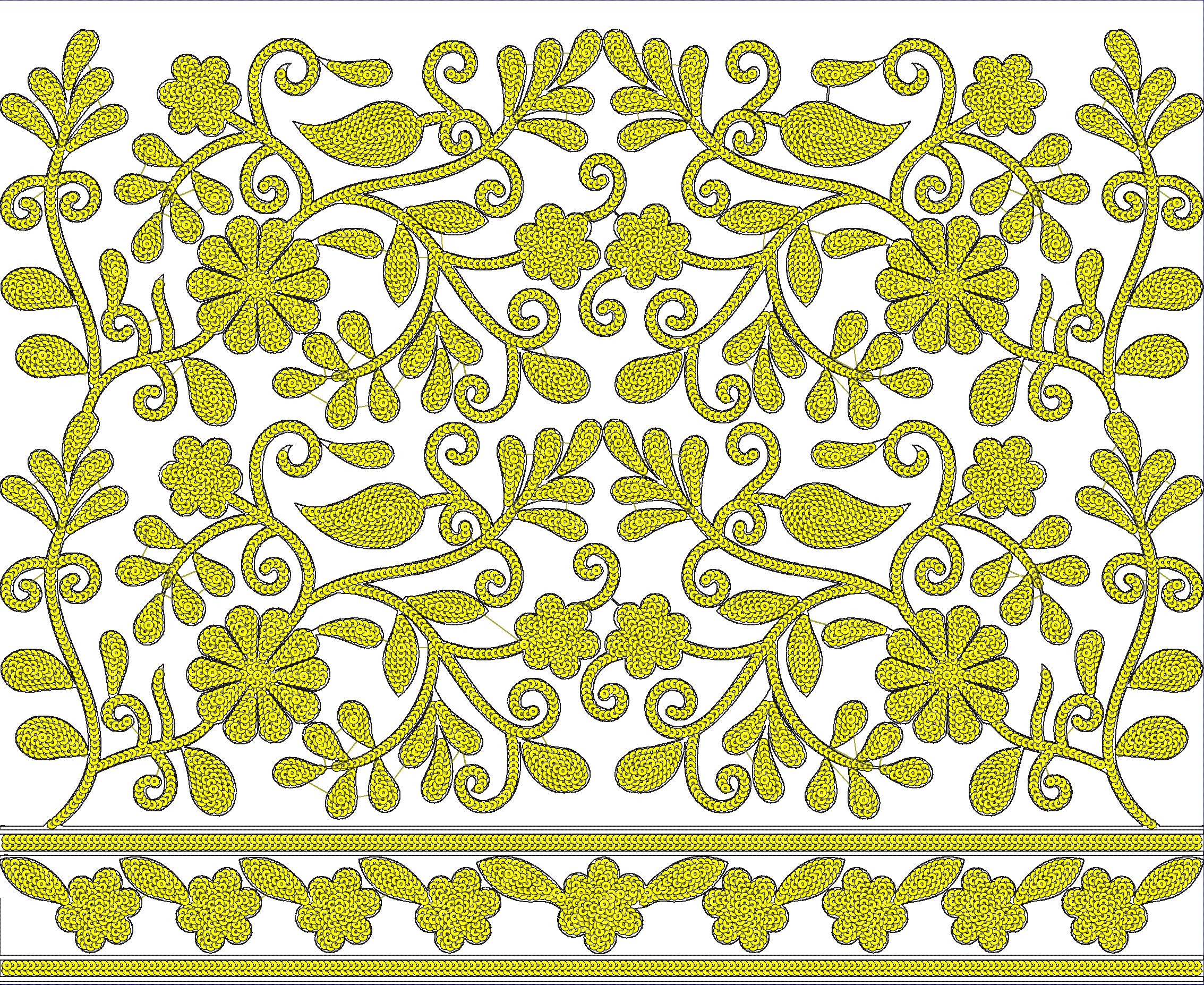 Embroidery design: A yellow embroidery design featuring a dense fill of small circular motifs arranged in a repeating, symmetrical floral a