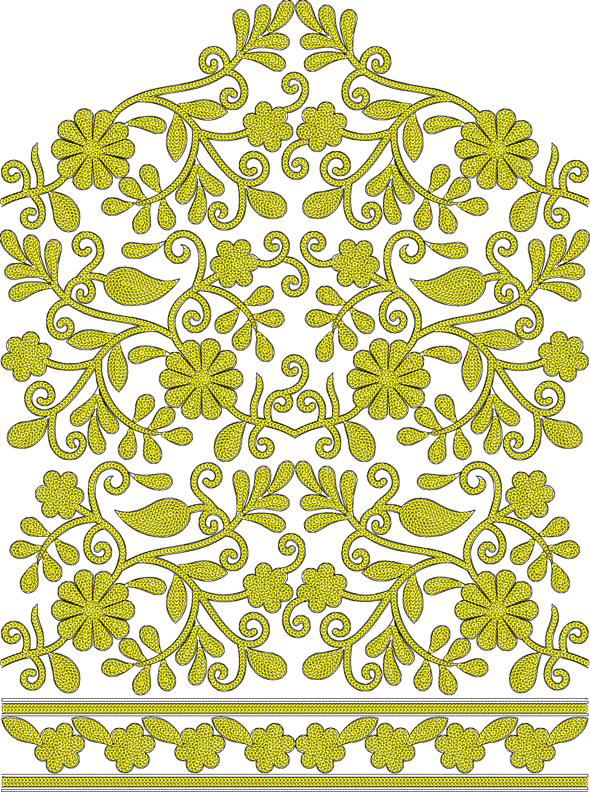 Embroidery design: A symmetrical, repeating embroidery design in yellow featuring floral and botanical elements with swirling vines and a d