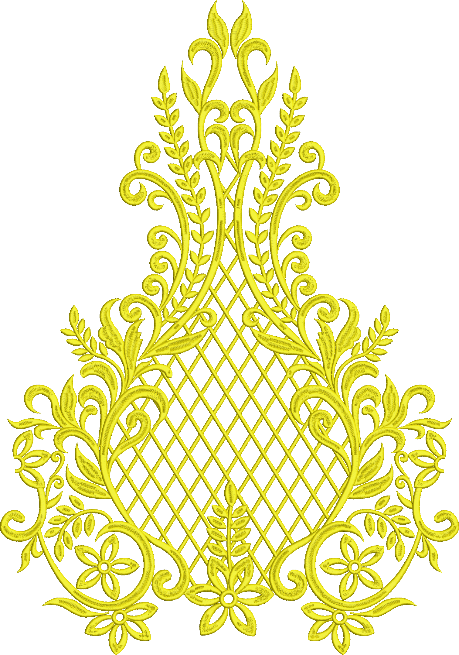 Embroidery design: A symmetrical ornamental embroidery design in yellow, featuring scrolling vines, leaves, and flowers with a central latt