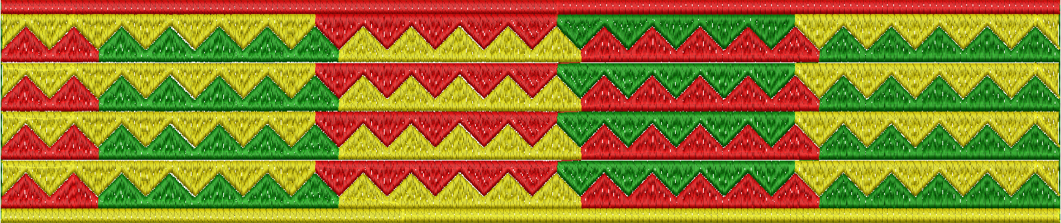 Embroidery design: A horizontal embroidery border with repeating rows of red, yellow, and green chevron or zigzag patterns. The top border 