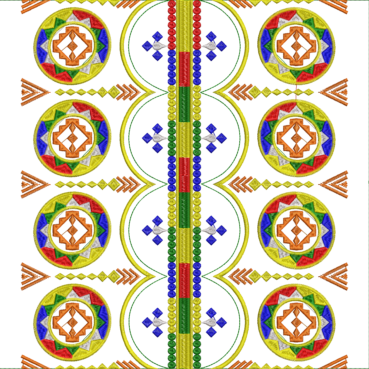 Embroidery design: A decorative embroidery design with repeating symmetrical medallions in geometric patterns. Colors include red, blue, gr