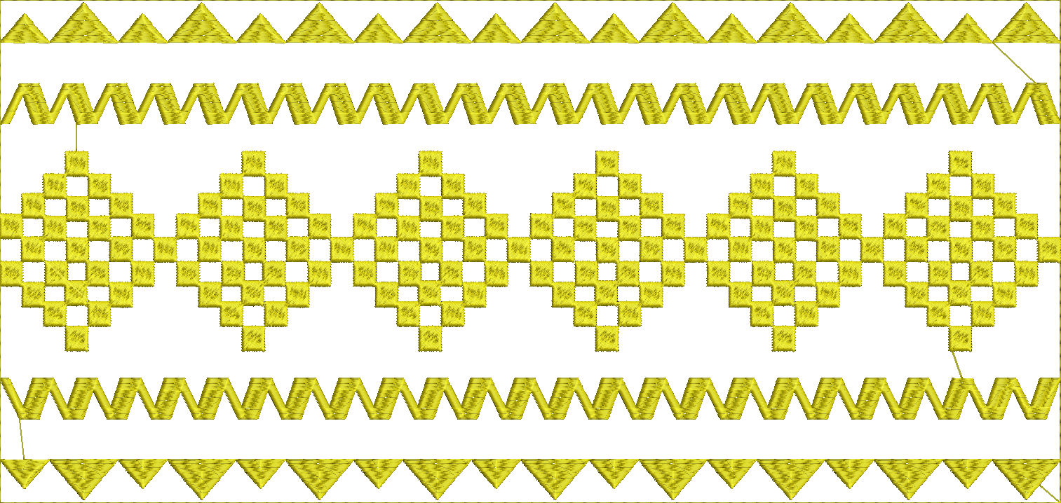 Embroidery design: A yellow geometric embroidery design featuring repeating borders of triangles, chevrons, and diamonds.