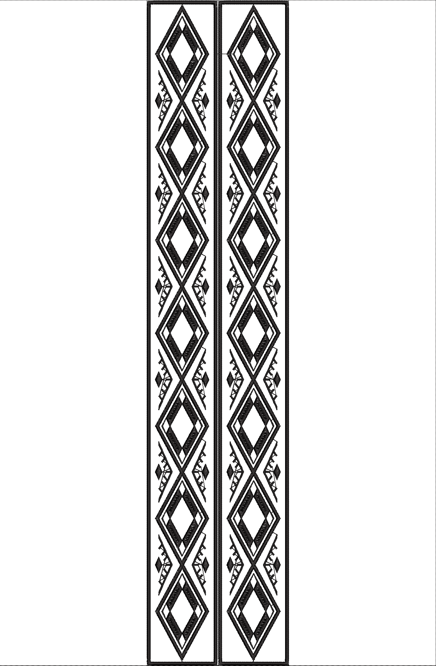 Embroidery design: A black and white embroidery design featuring two identical vertical borders with a repeating geometric diamond pattern.