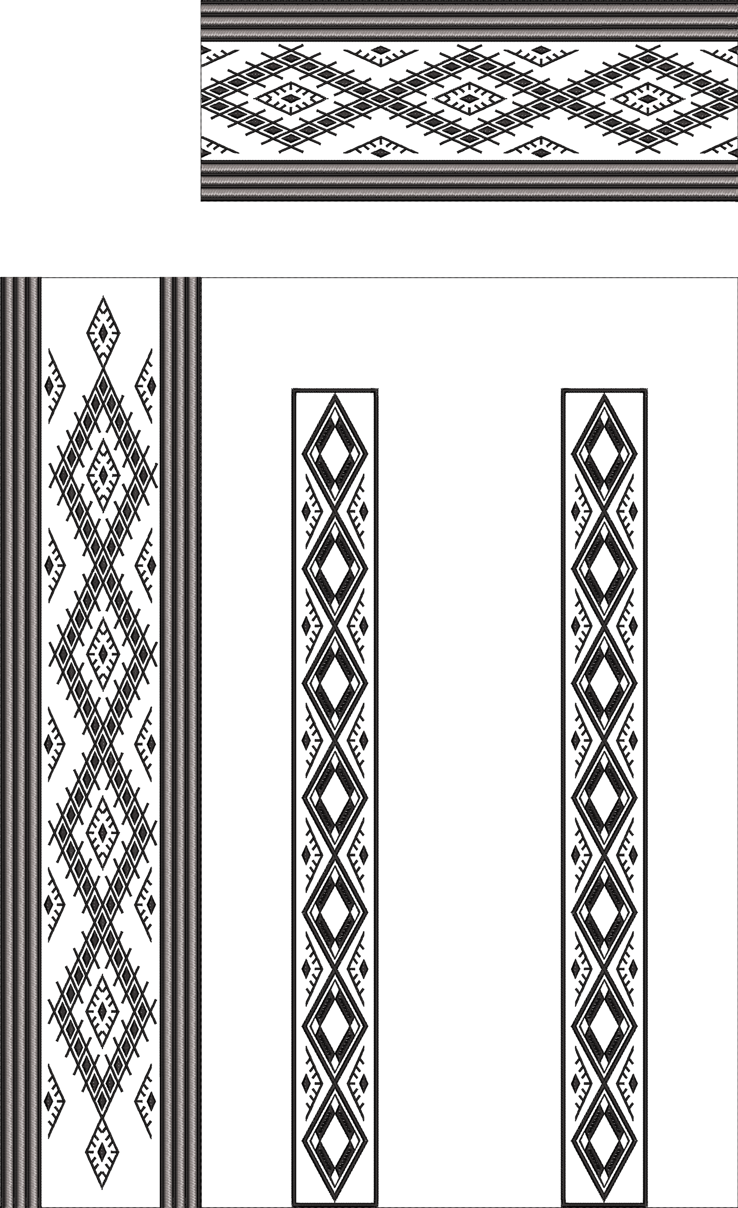 Embroidery design: A black and white embroidery design featuring geometric patterns with diamonds and lines, presented as a decorative bord