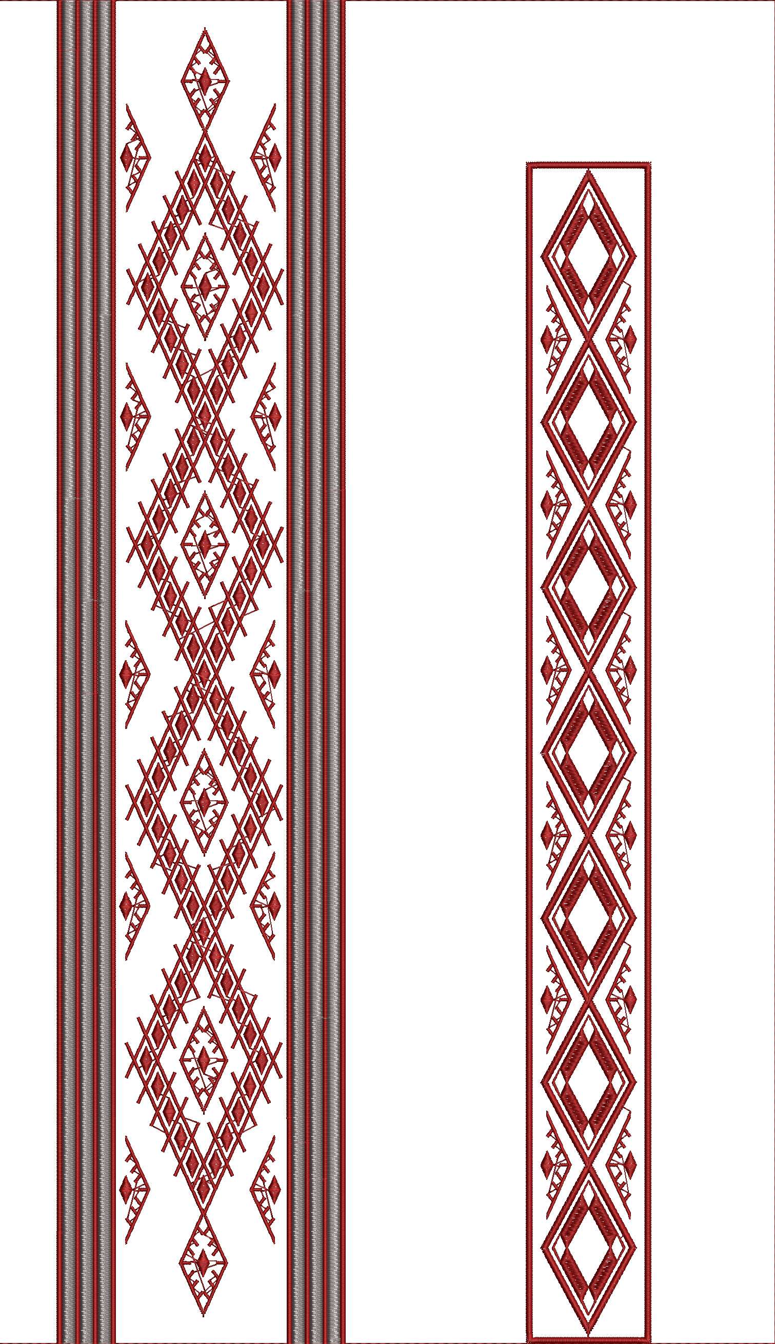 Embroidery design: Two embroidery designs featuring dark red geometric patterns on a white background. The left design is a wide border wit