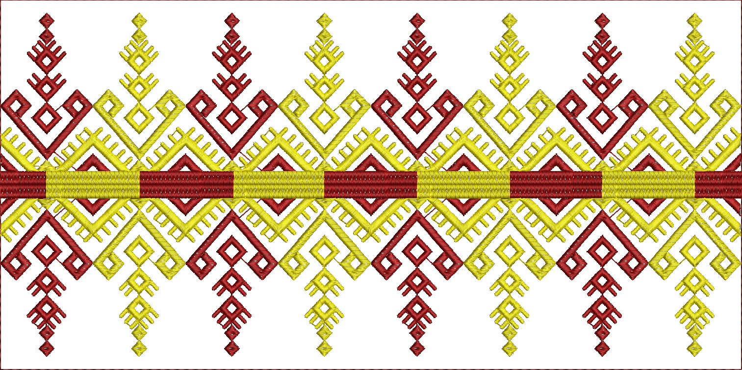 Embroidery design: A decorative embroidery border design with repeating geometric patterns in maroon and yellow. The design features symmet