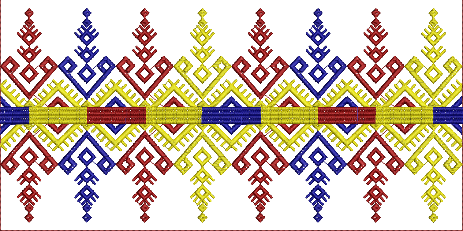 Embroidery design: A decorative embroidery border with a repeating geometric pattern in red, blue, and yellow, featuring stylized motifs an