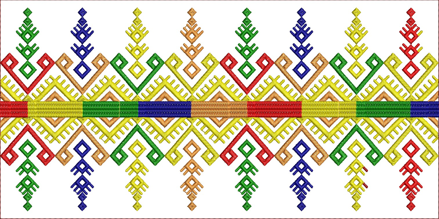 Embroidery design: A decorative, repeating, and symmetrical geometric border embroidery design with ethnic or traditional influences, featu