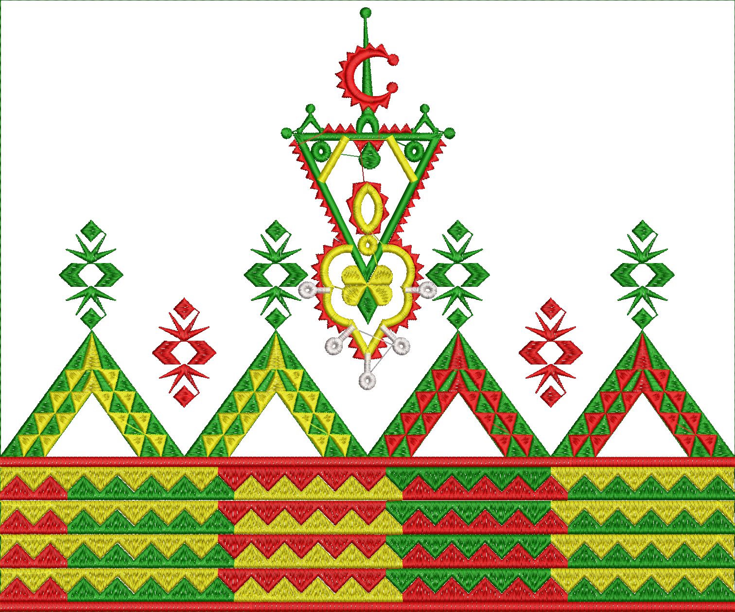 Embroidery design: A dense, symmetrical embroidery design with geometric patterns and a layered border in red, green, and yellow, featuring