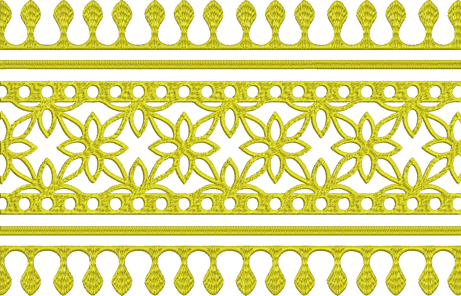 Embroidery design: A decorative yellow embroidery border with repeating floral and geometric motifs, featuring scalloped edges on the top a